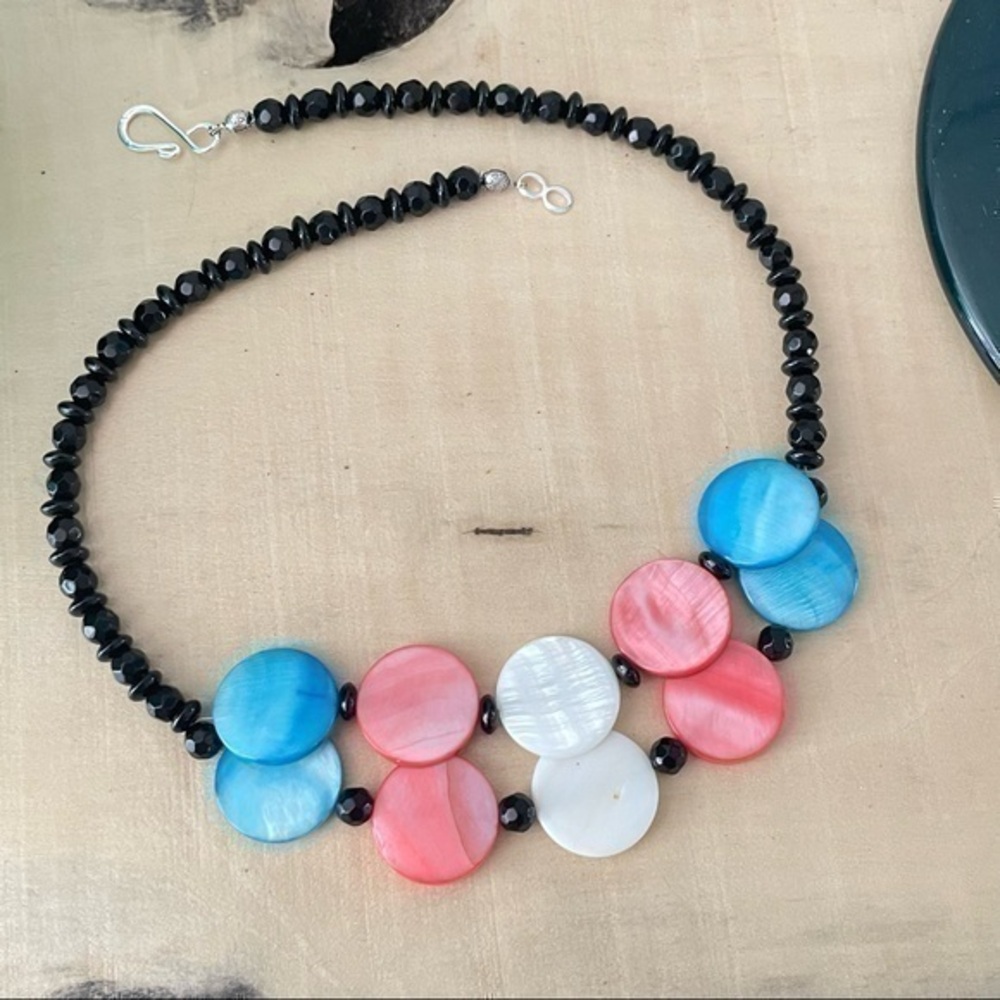 $49 SALE Pastel Trans Flag Shell & Black Bead Necklace Handmade LGBTQ Ally
